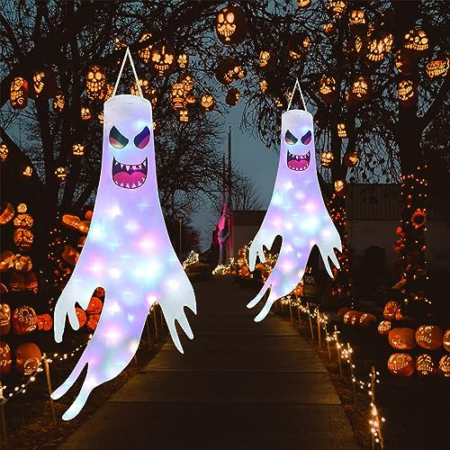 Qedertek Halloween Decorazioni per Esterno - 120cm Appendere a Fantasma con Catena Luminosa Colorata, Sacco a Vento Horror Casa Infestata per Giardino, Finestra, Bar