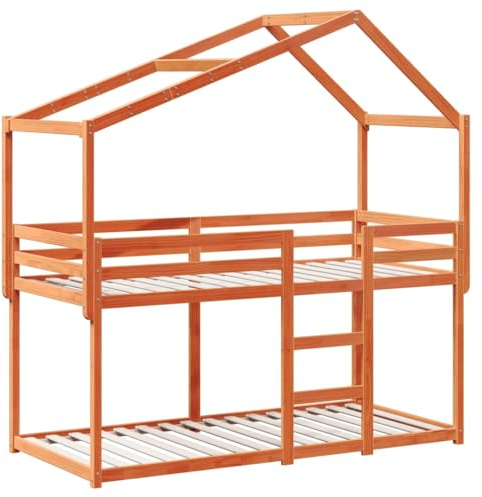vidaXL Etagenbett, Hochbett mit Dach Leitplanken, Stockbett für Schlafzimmer, Bett Holzbett Einzelbett, Wachsbraun 80x200cm Massivholz Kiefer
