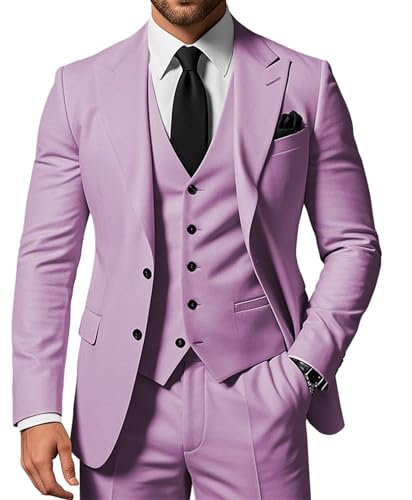 SPTALLFITJSV Herren 3-teiliger Anzug Slim Fit Peak Lapel 2-Knopf Blazer Jacke Weste Hose Set Hochzeit Business Abiball Party Anzug, Flieder, L