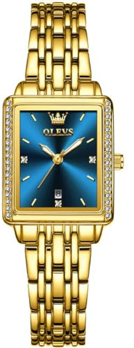 OLEVS Armbanduhr Damen Gold Edelstahl Rechteckig Zifferblatt mit Datum Uhr Blau Gesicht Klassisches Luxus Kleines Handgelenk Uhren Wasserdicht Leuchtend Analoge Quarz Damen Uhren