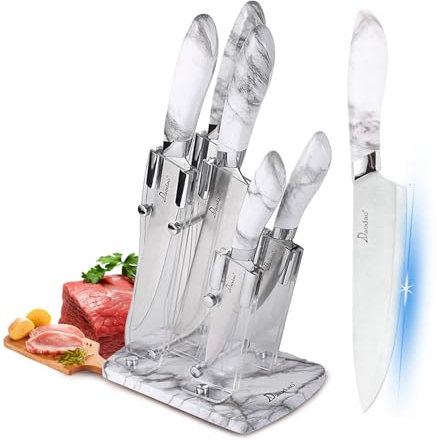 AVEKI 6-Piece Stainless Steel Cooking Knife Set with Acrylic Stand, Ultra Sharp Marble Cracks Chef Knives with Ergonomic Handles, Suitable for Home (White)