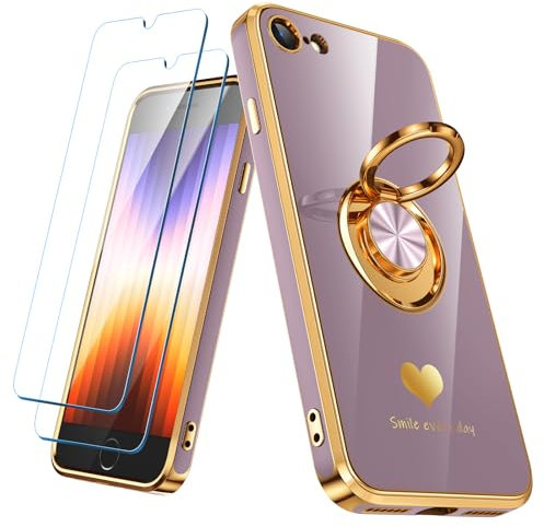 Nonional Compatible for iPhone SE/8/7 Case with 2 Pack Screen Protector, 360° Rotatable Ring Holder [Luxury Hearts Pattern] Plating Gold Edge Slim Soft Phone Case for iPhone SE/8/7 - Light Purple
