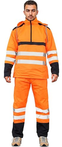 GUBA Mens Hi Vis Rain Tracksuit – Work Safety High Visibility Waterproof Hoodie With Hi Viz Trousers Rain Suit 2 Piece Reflective Tape Rainsuit Hooded Top & Trouser Plus Size S-XXL (Orange, L)