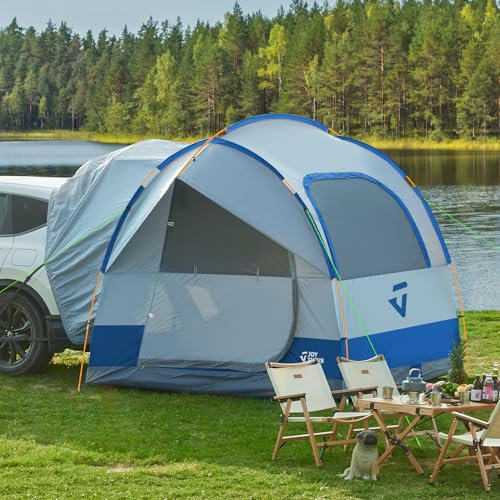JOYTUTUS SUV-Zelt für Camping mit Regenschutz, Autotent mit Doppeltür und Aluminiumstangen, SUV-Heckklappenzelt mit wasserdichter PU2000mm-Doppelschicht für 4-8 Personen, blau
