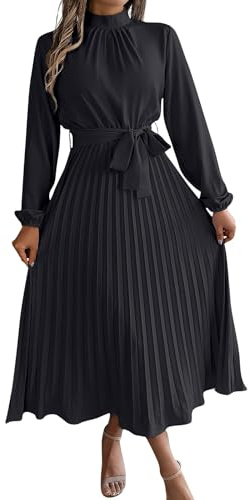 Kleid Damen Langarm Abendkleider Elegant Für Hochzeit Lang Frühlingskleid Plissee Kleider Faltenkleid Mit Gürtel Maxikleid Frauen A Linie Casual Freizeitkleid Stehkragen Herbstkleid Puffärmel