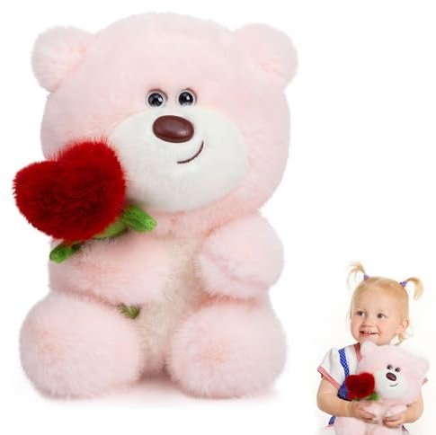 MeYuxg Ours en peluche doux et mignon de 28 cm, avec cœur rose, convient pour garçons, filles et adultes, anniversaire, fête, cadeau de Saint-Valentin (rose)