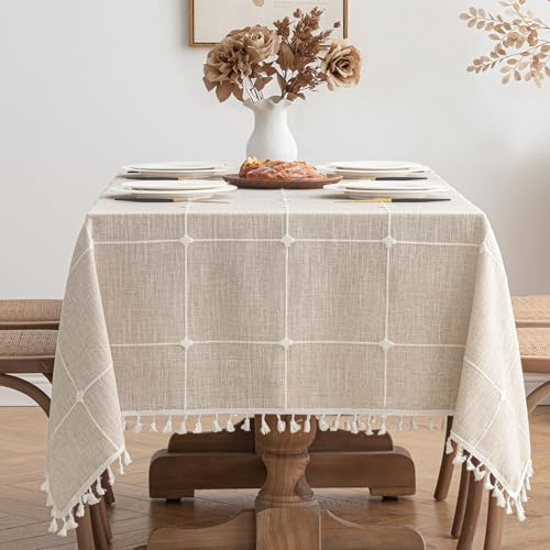 MIULEE Tischdecke Leinenoptik Khaki Boho kariert 1er Set 140x200cm | Tischdecke Abwaschbar Table Cloth Boho Tischdecke Quadratisch für Küchentisch und Outdoor Tischtuch