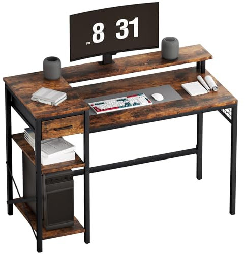 Oak & Tea Gaming-Schreibtisch 120 x 52 cm Computertisch mit Schubladen Stehpult mit Monitorhalterung und verstellbarem Regal– geeignet für Studium Gaming Arbeit und Homeoffice Braun und Schwarz