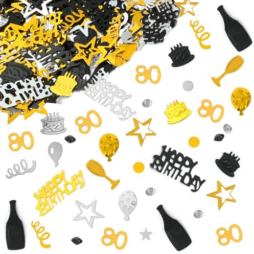 OSDUE Konfetti 80 Geburtstag Deko, Schwarz Gold für 80 Geburtstag, Jubiläum Party Supplies, Tischdeko, Konfetti Streudeko Schwarz