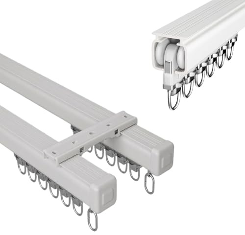 2-läufig Vorhangschiene Doppelläufig Schienensystem Aluminium Deckenvorhangschiene Decke Oder Wand Montage Schiebe GeräUschlose Vorhangstange Für Dusch Erker RV Raumteiler(Weiss,340cm)