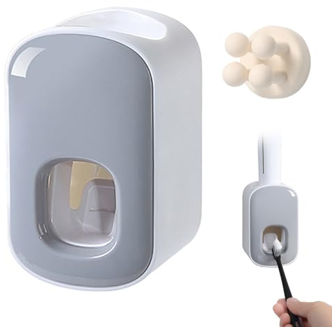 Automatic Toothpaste Dispenser with Hook,Waterproof Wall-Mounted Toothpaste Holder,Dust Free & Easy to Clean,Toothpaste Dispenser Bathroom & Washroom Accessories for Kids,Adults (Grey+Silicone hook)
