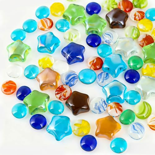 Rdlobu 500 g Colourful Glass Stones for Children, Muggle Stones Colourful Children, Glass Nuggets Decoration for Aquarium, Vase Filler, Treasure Hunt, Home Decoration (Stars and Circles)