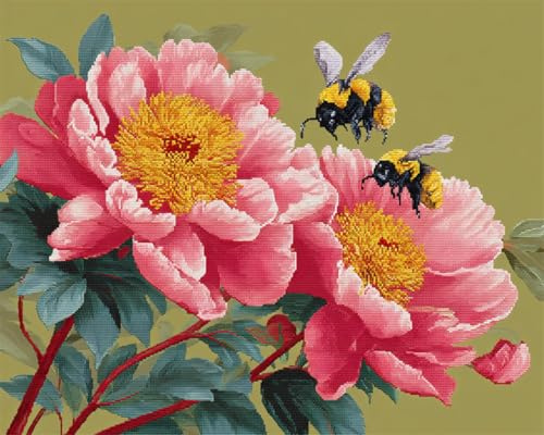 AxiangziK Blumen DIY Teppich Set Pfingstrosen Und Bienen Knüpfteppich-Set,Handgefertigte Teppich-Sets Mit Vordruck,DIY 3D-Bastelgeschenk 100x140cm