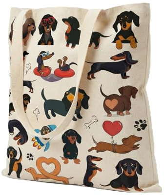 Mtbricey Dackel Stofftasche 34x38cm/13.36x14.96zoll Canvas Handtasche für Frauen Doppelseitig Bedruckte Damen Einkaufstasche Stofftaschen Wiederverwendbare Dachshund Stoffbeutel für Reisen Einkaufen