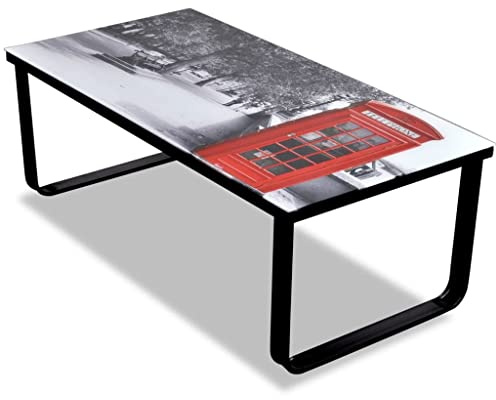 RCODSSK Mesa de centro resistente con estructura de hierro y tapa de cristal rectangular con diseño de cabina telefónica para salón y dormitorio, mesa de centro de hierro y cristal templado