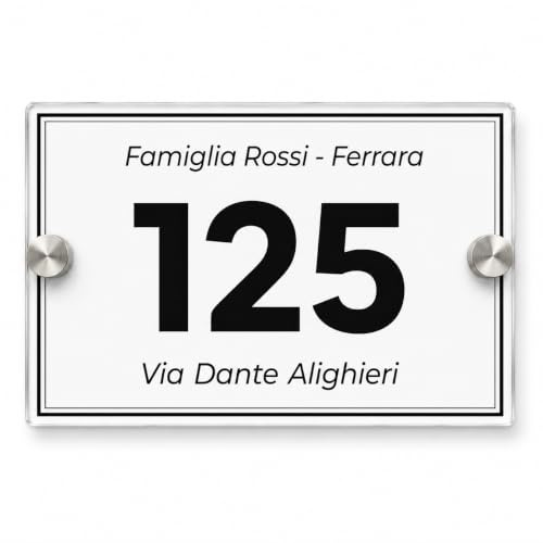 Numero Civico Esterno Personalizzato in Plexiglass, Targa Numero Civico con Nome Famiglia e Via per Casa, Ingresso,Porta,Indirizzo,Cassetta postale,targhetta distanziali in acciaio inox (20x15)
