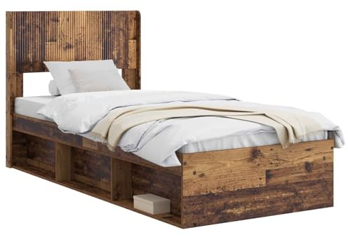 vidaXL Bettgestell mit Stauraum und Kopfteil Altholz 75 x 190 cm, Moderne Bettgestell, rechteckig, Stauraum, Latten-Design, praktische Möbel für Dein Schlafzimmer