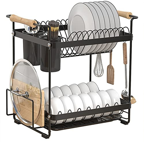 SaryEdge Escurridor de Platos de 2 Niveles de Acero Inoxidable, escurridor de Platos con Soporte para Utensilios y Cuchillos y Soporte para Tabla de Cortar, escurridor de Platos,