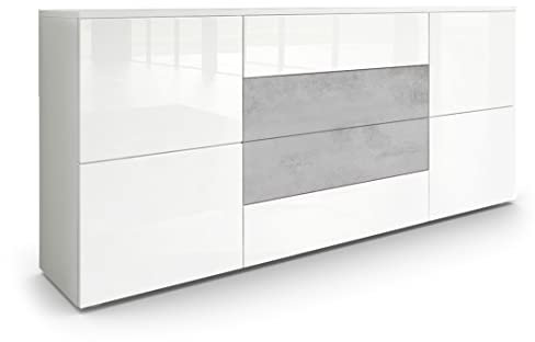 Vladon Sideboard Rova, Made in Germany, Kommode mit 4 Türen und 4 Schubladen, Weiß matt/Weiß Hochglanz/Beton Oxid Optik (166 x 72 x 35 cm)