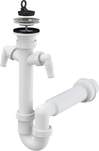 Sifón de fregadero con cesta de acero inoxidable Ø70 mm con dos salidas para lavadora/lavavajillas