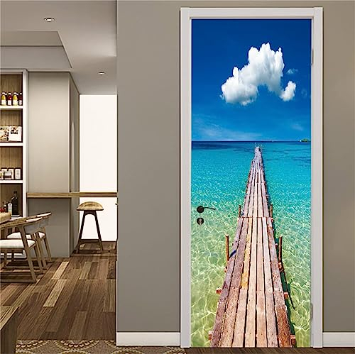 FLFK 3D Molo in legno del mare Autoadesiva Adesivo per porta 77x200cm(Set di 2 fogli)-Murale Foto Adesivo da parete decalcomania Salotto Camera da letto arredamento