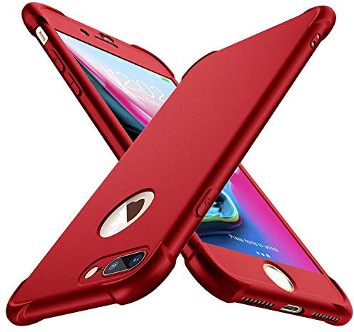 ORETECH Kompatibel mit iPhone 7 Plus Hülle, iPhone 8 Plus Hülle, mit [2X Displayschutzfolie] 360 Grad Stoßfest Dünn Schutzhülle Handyhülle Silikon Hart PC Case für iPhone 7 Plus 8 Plus 5,5-Rot