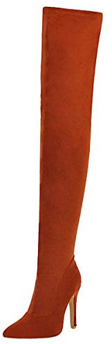 LUXMAX Donna Stivali Alti sopra Il Ginocchio Tacco Alto Tacchi Spillo Scarpe a Punta con Cerniera (Marrone) - 44 EU
