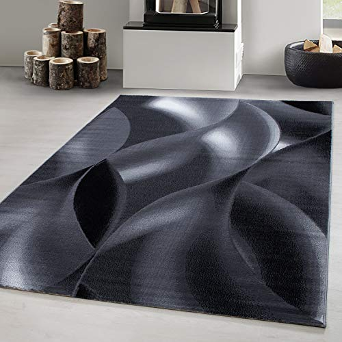 Carpetsale24 Teppich Wohnzimmer Abstrakten Wellen Mustern Schwarz Meliert 160 x 230 cm - Kurzflor Teppich Schlafzimmer Pflegeleicht Extra Weich - Teppich für Küche Esszimmer Kinderzimmer Rechteckig