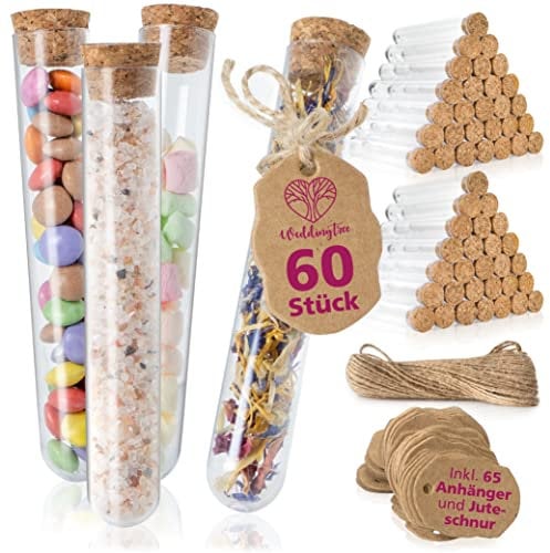 WeddingTree 60 x Reagenzglas aus Kunststoff mit Korken 18 x 105 mm – Mit Juteschnur und Anhänger – Als Gastgeschenk Hochzeitsdeko Gewürzgläser