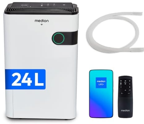 MEDION DH30S Luftentfeuchter elektrisch (smart, bis zu 150m³ (40m²), 24Liter/24h, 43db leise, elektrischer Raumentfeuchter, Timer, Bodenrollen, Entfeuchter)