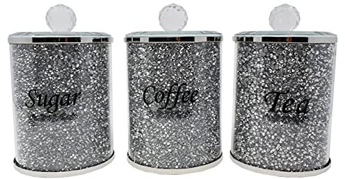 Large Silver Sparkle Crushed Diamond Crystal Filled Glass Canister Set - Dazzling Organizers for Tea, Coffee, and Sugar - Elegant Bling Gift for Kitchen - Decorative Home Display Storage, Height,13cms