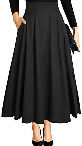 Schwarzer Rock Lang Damen Sommer Elegant High Waist A Linie Schlitz Maxirock Langer Rock mit Taschen L