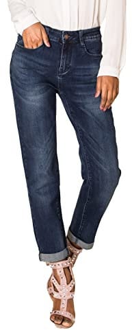 Nina Carter Q1806 Boyfriend Jean pour femme, taille haute, aspect usé, effet délavé, Bleu foncé (Q1806-1), S
