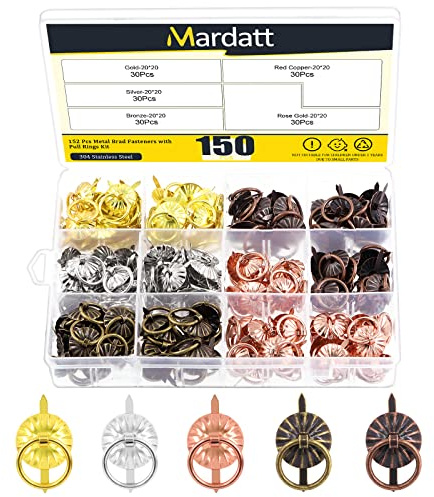 Mardatt 150Pcs Metal Brad Fasteners with Pull Rings Assortment Set 5 Color Mini Antique Paper Fasteners Brads Drawer Handle for Jewelry Box Scrapbooking Chest Drawer Cabinet Art DIY Crafts Decorative