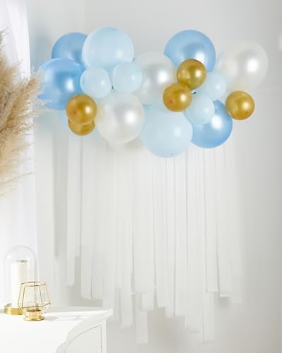 Amscan 9915964 - Blue, White and Gold Botanical Celebration Balloon and Streamers Party Back Drop - 39 Pieces