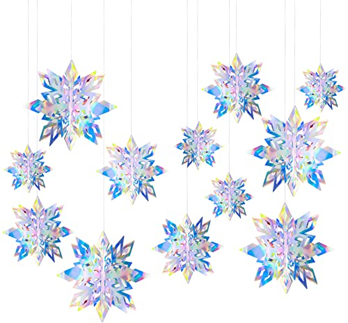 Abeillo 12 PCS Frozen 3D Snowflake Hanging Decorations Glitter Snow Flakes Ornaments for Christmas Tree Decoration Winter Wonderland Frozen Holiday Party Decorations