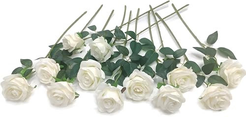 Laelfe 12 Pcs White Artificial Roses, Long Stem Faux Silk White Flowers Fake Roses for Wedding Bridal Bouquet Home Party Arrangment Hotel Garden Decoration (Cream)