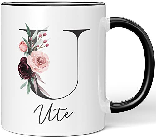 JUNIWORDS Tasse, Ute, Name Anfangsbuchstabe Initial Alphabet Floral Buchstabe U Monogramm Motiv, Schwarz (5607838)
