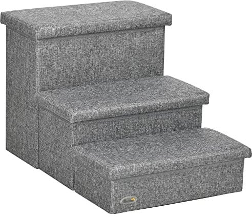 PawHut 3 Step Dog Steps with Storage Boxes, Cat Stairs for Bed, Pet Ladder for Couch, Sofa - Light Grey