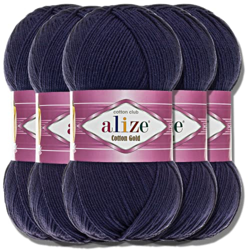 Alize 5x 100g Cotton Gold Batik Türkische Premium Wolle Baumwolle und Acryl Handstrickgarne Garn Yarn Babywolle Strickgarn mit Akzente Accessoire Baby zum Häkeln Stricken (Navy | 58)