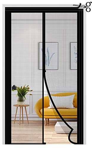 fowong Einstellbare Magnet Fliegengitter Tür Breite 96-108cm, Höhe 208-214cm, Verstärkt Magnet Fliegenvorhang für Balkontür mit einzigartigem breiten Streifen Schwarz