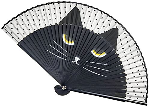 GFM® Bamboo Silk Handheld Folding Japanese Chinese Hand Fan Fan for Summer, Wedding, Party Favour (FLSLK-MR-E) (FLSLK-Cat-Black-MR-2) (FLSLK-CT-KL-MR-2)