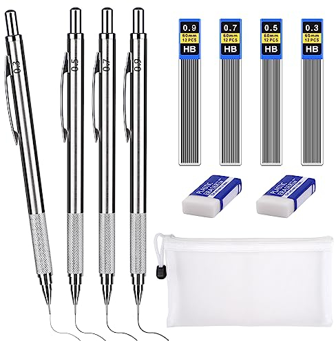 Tikplus Druckbleistift 0,3/0,5/0,7/0.9 mm, 4 Tuben (48 Stück) Bleistiftmine HB Mienenbleistift und 2 Stück Radiergummi, Metall Mechanical Pencil für Skizzieren Zeichnen Schreiben (Silber)