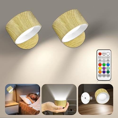 Anpro Wall Light LED Indoor Lamp with Rechargeable Battery Operated, 4 Brightness Levels 3 Color Modes & 9 RGB Colors, 360 ° Rotate, Touch Remote Control, Sconces for Bedroom Living Room (ACANBD0102)