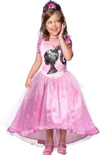 RUBIE'S Barbie Ufficiale - Costume Barbie da principessa con paillettes per bambini, taglia 7-8 anni, costume con vestito, senza spalline e diadema rosa