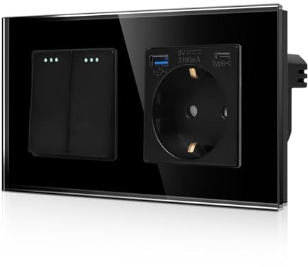 CNBINGO Lichtschalter mit Schuko Steckdose 2 Fach 1 Weg, Glas Steckdose Unterputz mit USB (Typ-C und Typ-A 3,1 Amp total) Modernem Kristallglas Wandplatte mit Leuchtpunkten, Schwarz