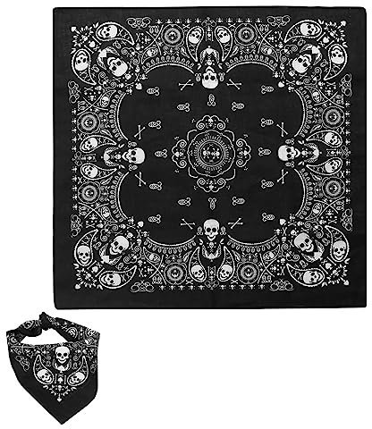 Black Skull Bandana - Double-Sided White Skull Design Head Scarf, Pirate Neck Warmer for Men and Women