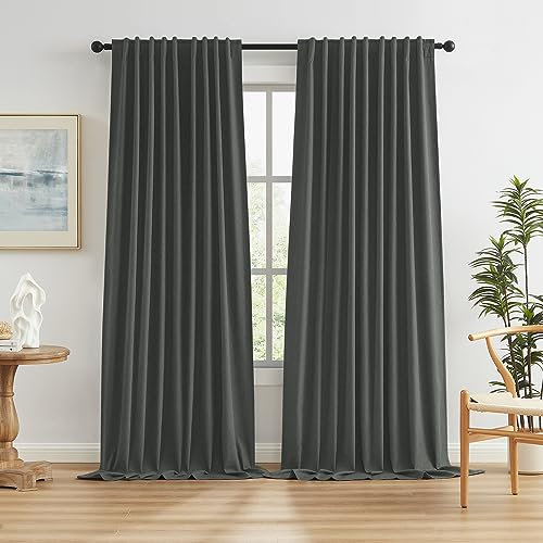 KEQIAOSUOCAI Grey Pleated Curtains 2 Panels Set, Full Blackout Linen Curtain Drapes for Living Room Bedroom 96 Inches Long,(72 Inch Wide Each Panel, 1 Pair Back Tab Rod Loop Pocket