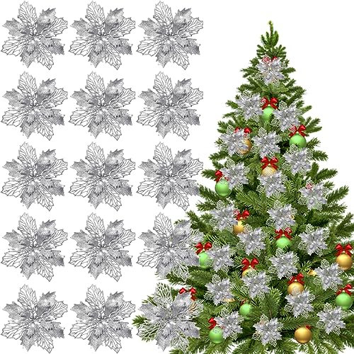 HONGECB Weihnachten Blumen Deko, Blumen Künstlich für Weihnachten, Glitzer Blumen Weihnachten, Weihnachtsblumen, Weihnachtsschmuck Blumen, für Weihnachtsbaum, Weihnachtsdekoration, 15Stück,Silber