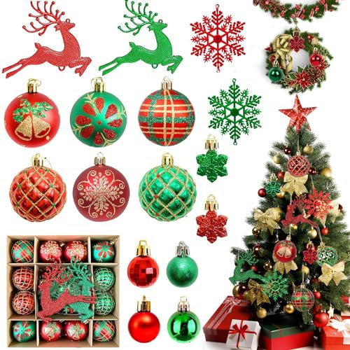 Weihnachtskugeln Kunststoff Set Rot Grün 40 Stück, Weihnachtsdeko Christbaumkugeln 6CM Christbaumschmuck mit Hirsch Aufhängen, Glitzernd Weihnachtsbaumschmuck Mehrweg Weihnachtsbaum Deko Weihnachten
